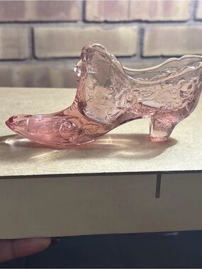 Vintage Fenton Art Glass OPALESCENT Pink Cabbage Rose Shoe Slipper